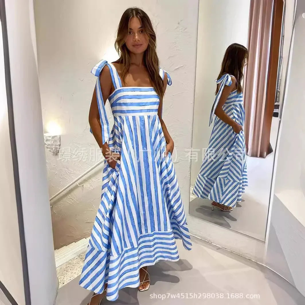 Fashion Stripe Printing Bow Lace Up Bow Sling Dress Women Elegant Sleeveless Backless Long Dresses 2024 New Lady Beach Vestidos