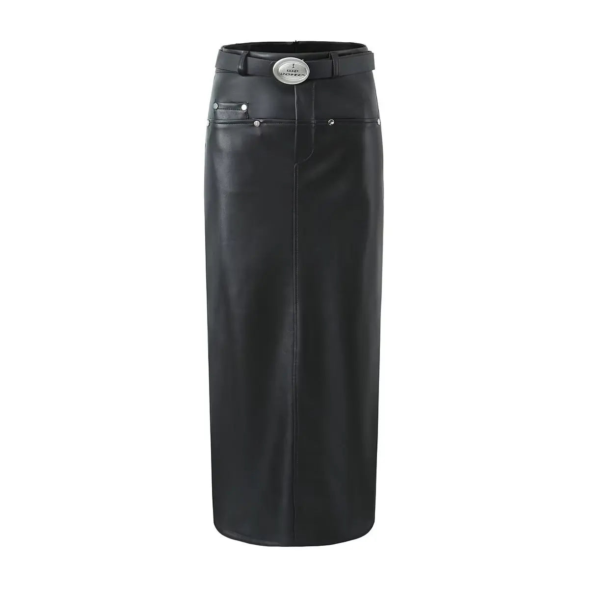 Sexy Black Back Slit PU Leather Pencil Skirt With Belt Women Package Hips Maxi Long Skirts