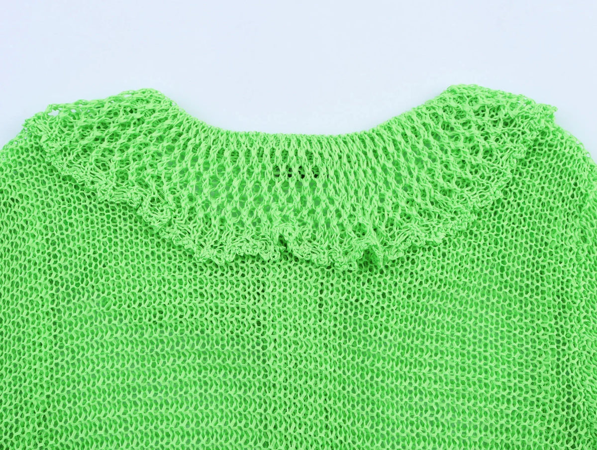 Summer new style women's fashion temperament lapel short sleeve hollow commuting knitted sweater jacket beach vacation
