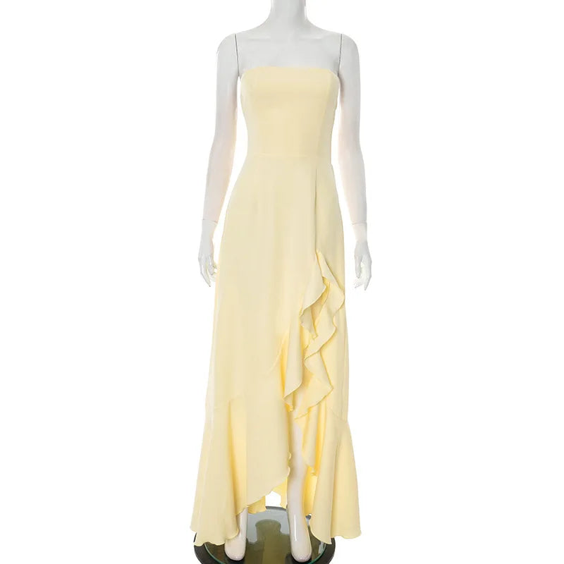 Off-shoulder Strapless Ruffled Sexy Maxi Dress Women Summer Fashion Backless Bow Thigh High Split Club Long Dress