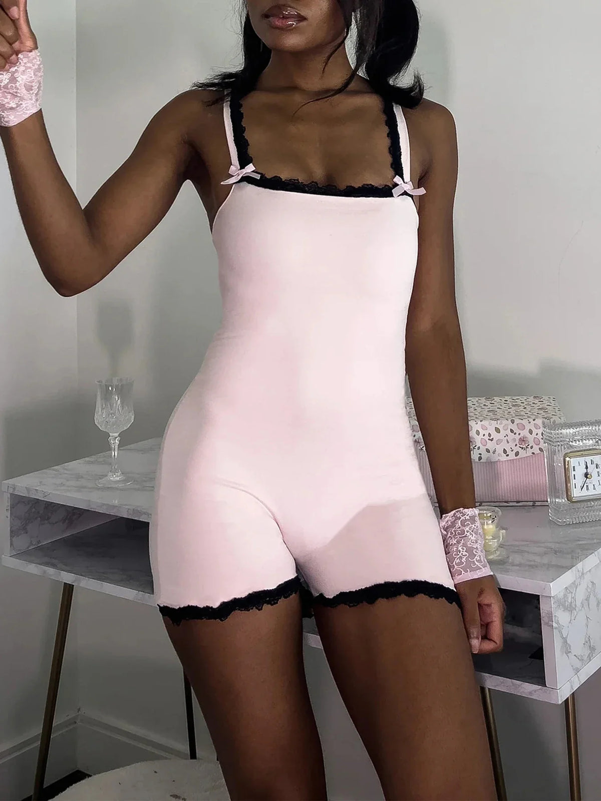 Lace Patchwork Square Collar Strap Romper