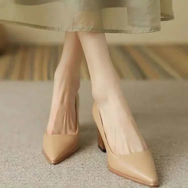 Shoes For Women Block Heel Luxury Leather Casual High Heels Woman Footwear Formal Pointed Toe Y2k Chic And Elegant E 39 Young L
