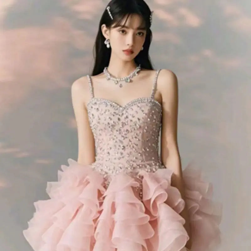 New Sleeveless Birthday Princess Party Dress for Girls Sweet High Waist Slimming A-line Rufffle Puffy Strap Mini Dress for Women