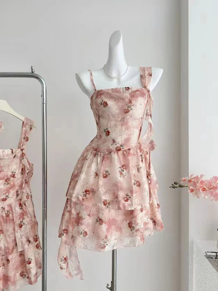 Summer French Elegant Floral Dress Women Casual sweet Retro Slim Mini Dress Korean Fashion Vintage Y2k 2000s Strap Dress
