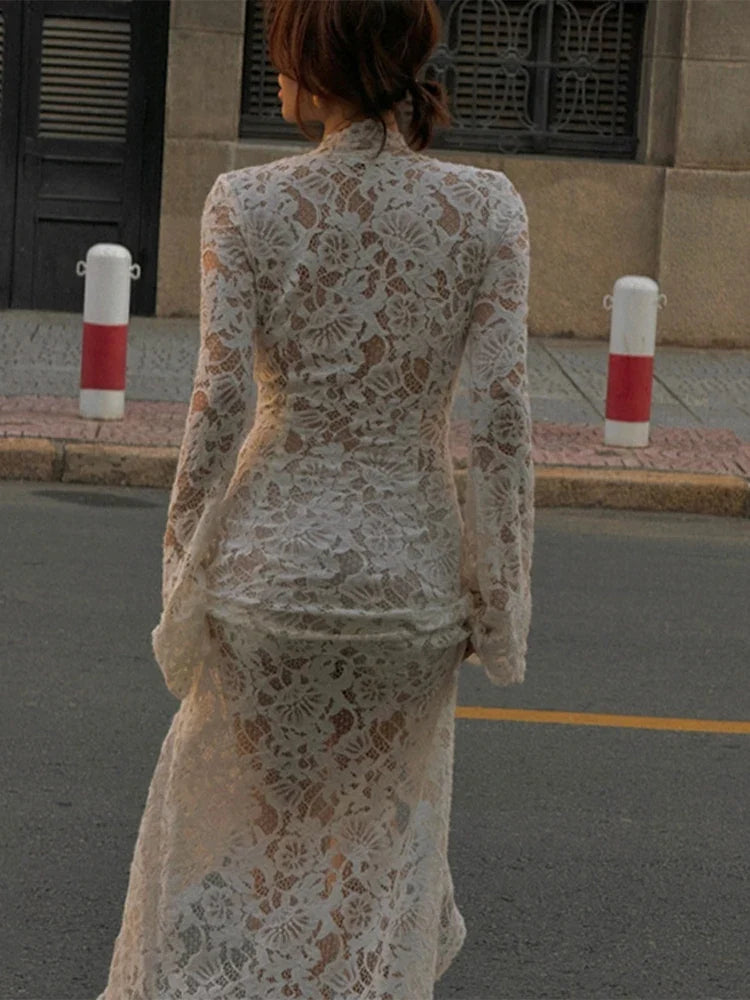 Lace Hollow Out Women's Dresses Sexy Deep V Split Long Dresses Lace up Long Sleeve Maxi Dress Elegant Beach Party Ladies Dress