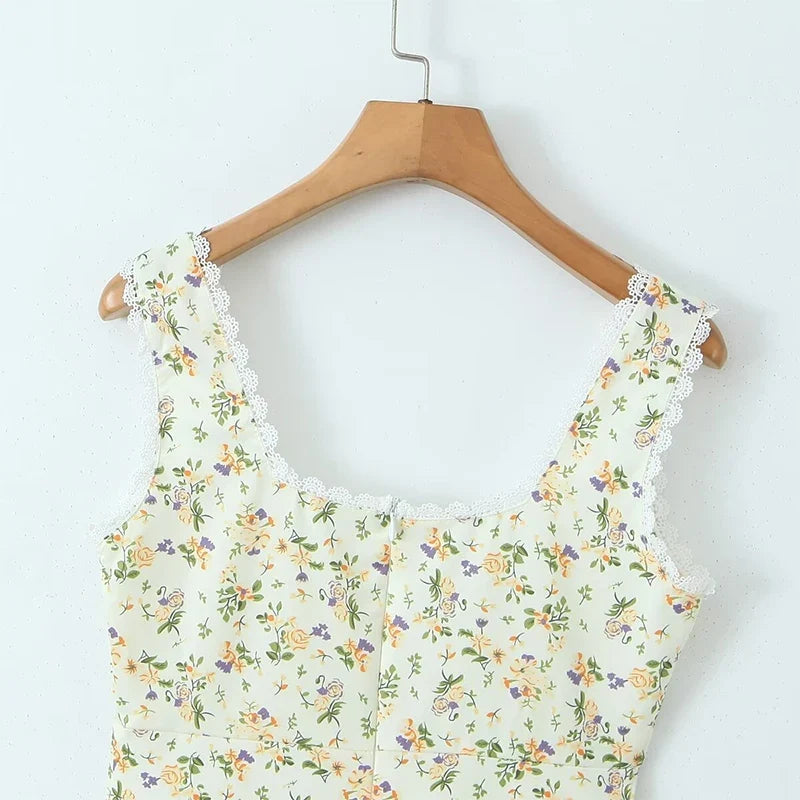 Lace Trim Floral Print Sleeveless Dress Elegant Square Neck Female Holiday Summer Tank Dress Short Robe