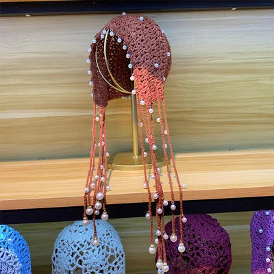 Japanese Spring Summer Handmade Crochet Knitted Hat Hollow Retro Fringed Pearl Sunscreen Hat Fashion Breathable Court Beanie Cap