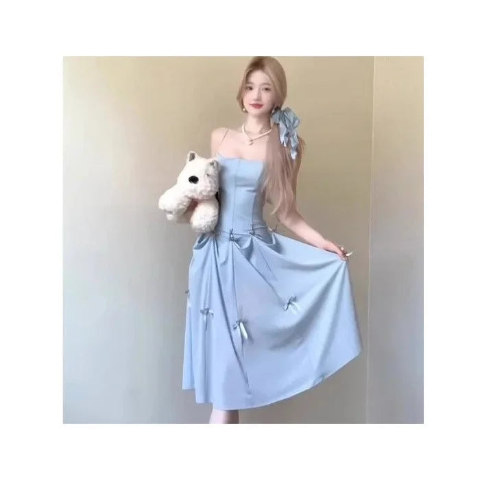 Blue Butterfly Knot Pure Desire Dress Versatile Beautiful Unique Elegant Long Skirt round Neckline Sleeveless Loose Waist