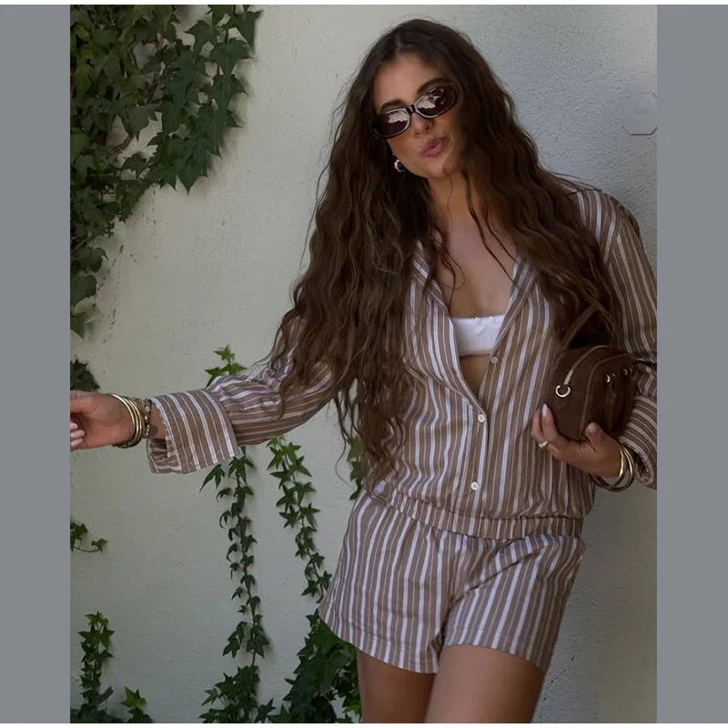 Casual Stripe Women Overalls Shorts Chic Long Sleeve Lapel Single Button Short Female Jumpsuit 2025 Summer Lady Street Romper