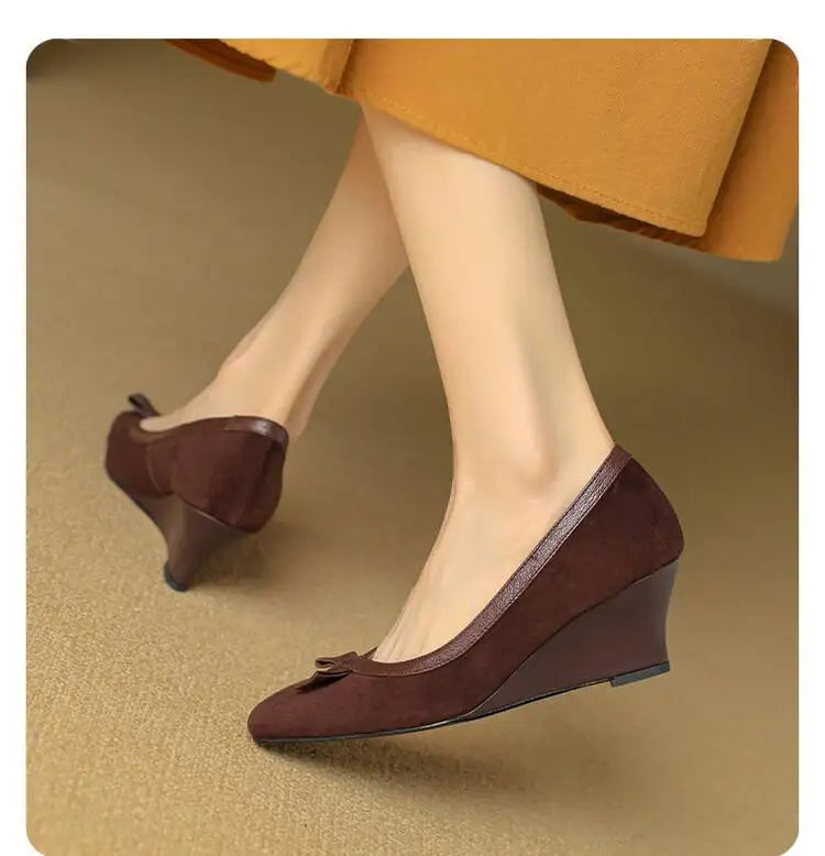 Women's Wedges Pumps Faux Suede Boat Shoes High Heels Slip on Dress Shoes Autumn Bow Boat Shoes for Zapatos Mujer 1861