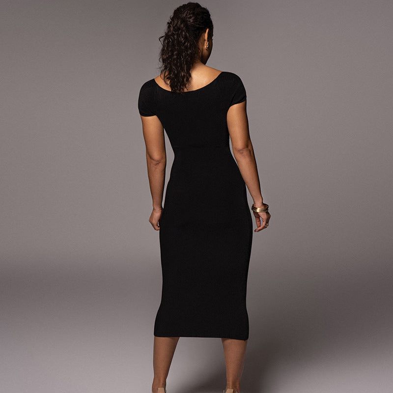 Off Shoulder Sweetheart Rib Knit Bodycon Midi Dress
