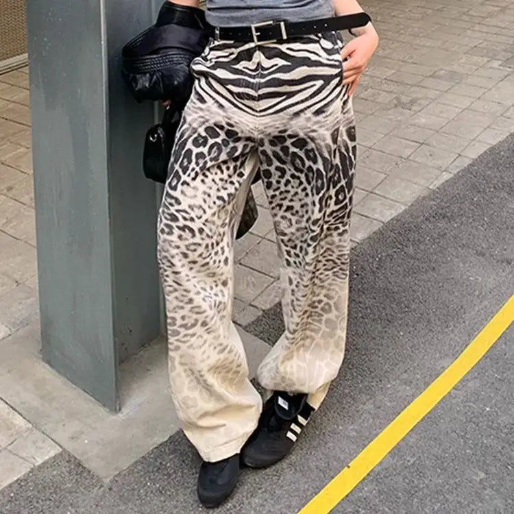 Design Sense Leopard Print Gradient Print Jeans for Children Retro Loose Straight Leg Floor Length Pants