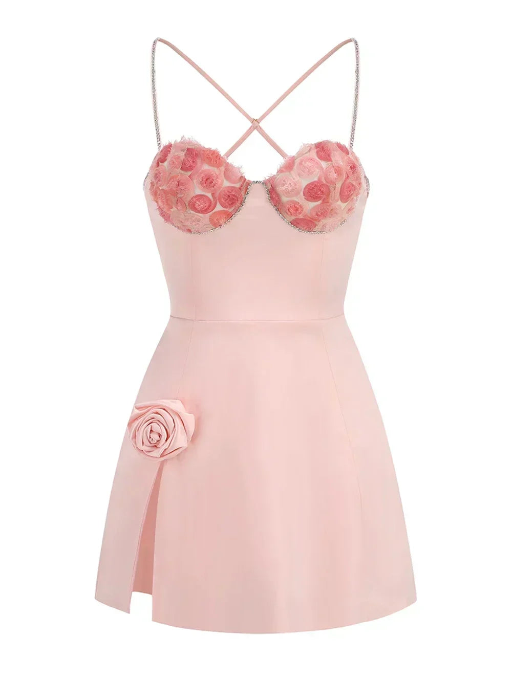 3D Floral Applique Rhinestone Strap Side Slit Mini Dress