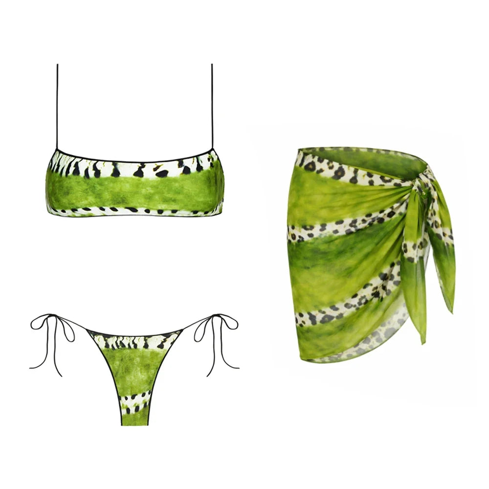 Print Bikini with Skirt Swimsuit Women Swimwear Bikini Set High Leg 3 Pcs Bathing Suit Beachwear Summer Halter Biquini