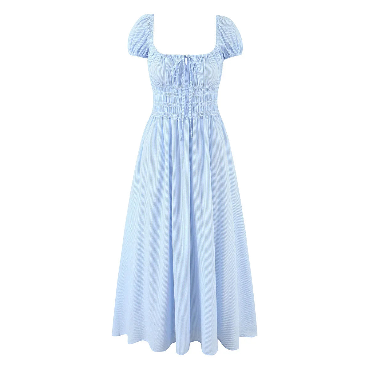 Rural Style Striped Dress New 2026 Women Pink Blue Puff Sleeve Casual Elegant Vacation Summer Dresses Midi Robe