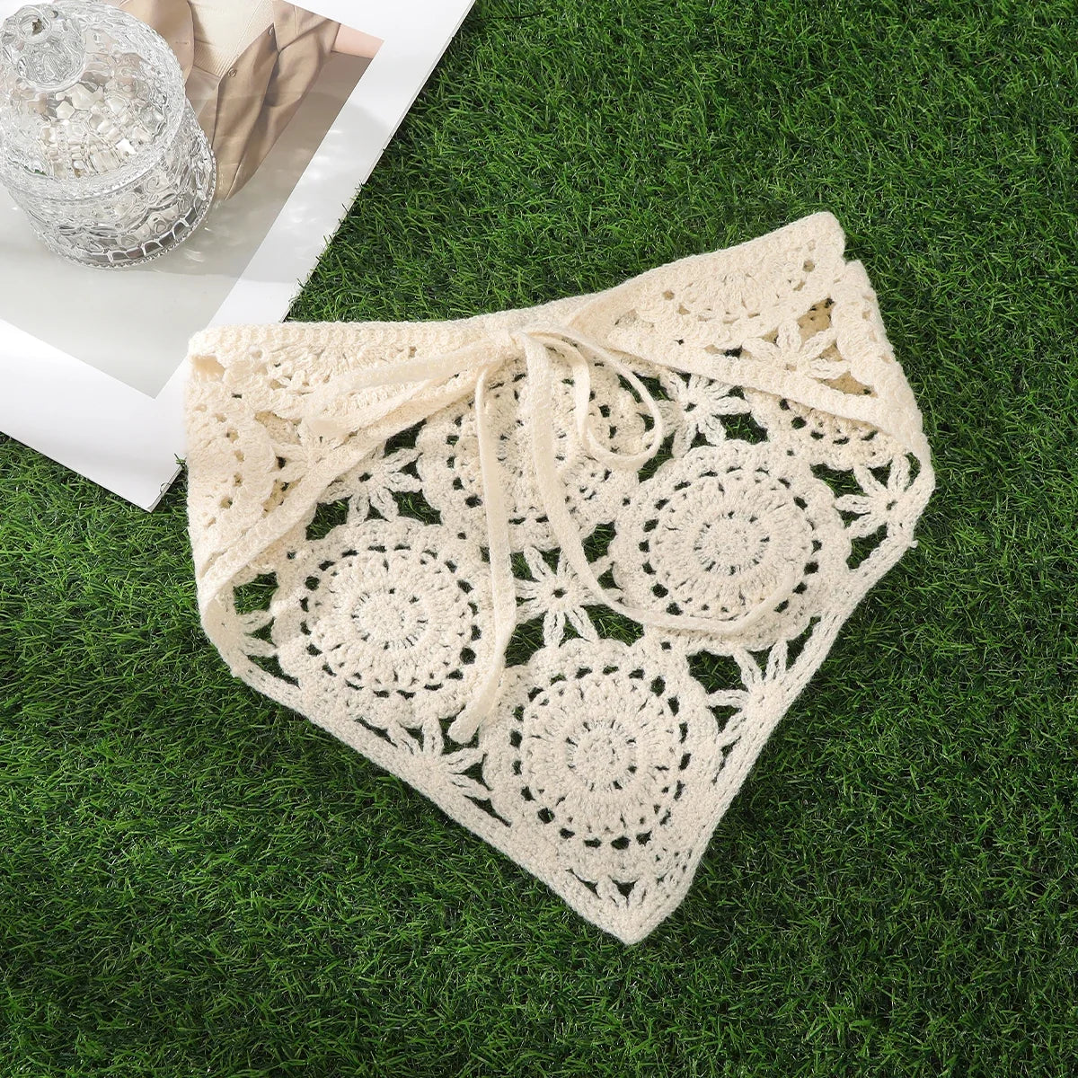 Spring Summer Knitted Triangle Headband Handmade Crochet French Pastoral Flower Headband Towel Little Flower Headscarf