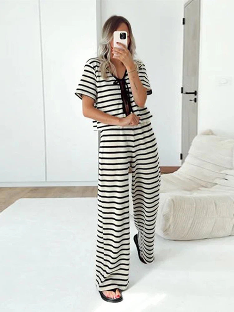Casual Striped Lace Up Shirt Long Pant Set Women Versatile Loose Full Sleeve Open Shirts Wide Leg Pants Sets Female Chic Outfits