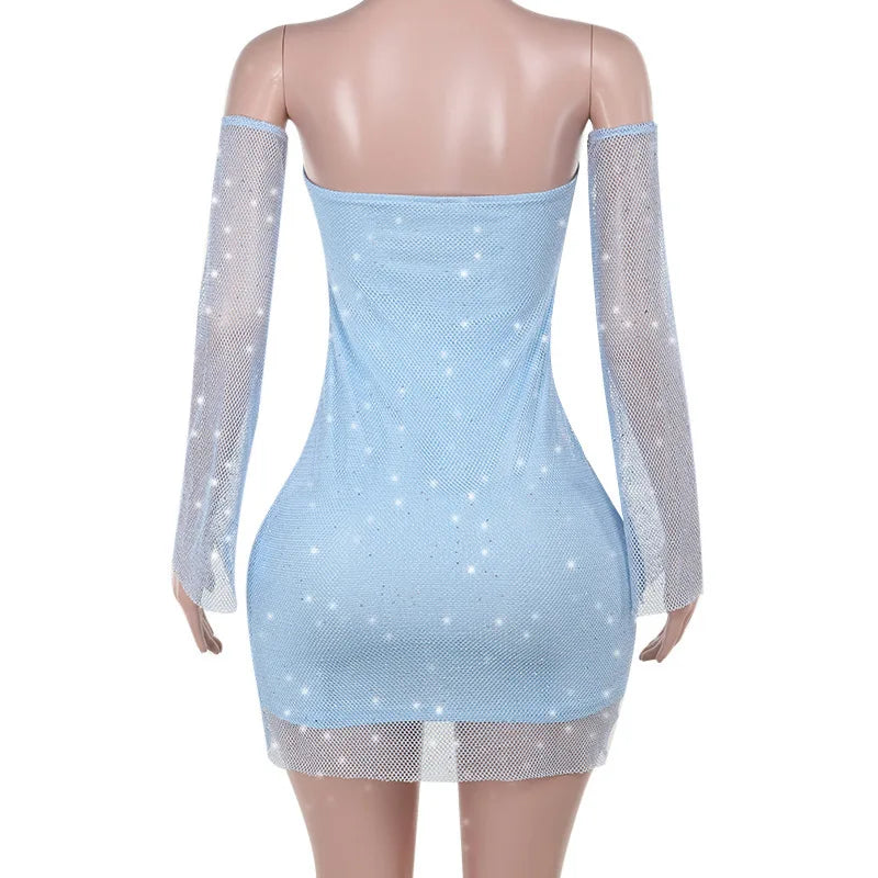 Strapless Rhinestone Mesh Tube Bodycon Mini Dress