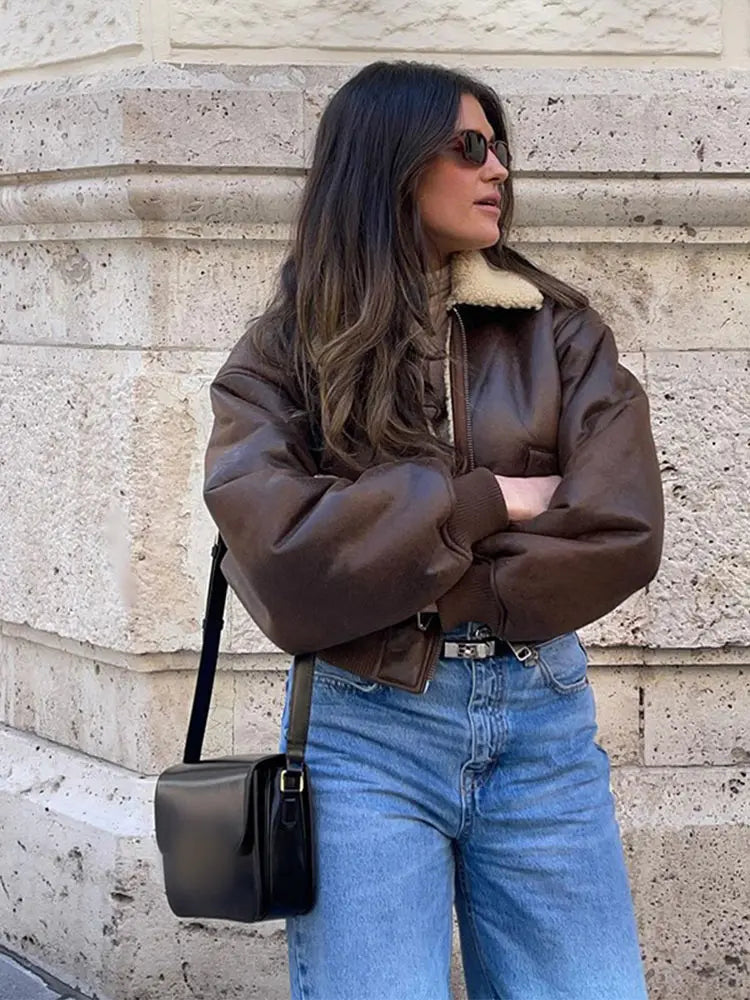 Chic Long Sleeve Lapel Double Side Motorcycle Coat Fashion Warm Pocket Zipper Jackets Autumn Winter Woman High Street Coats