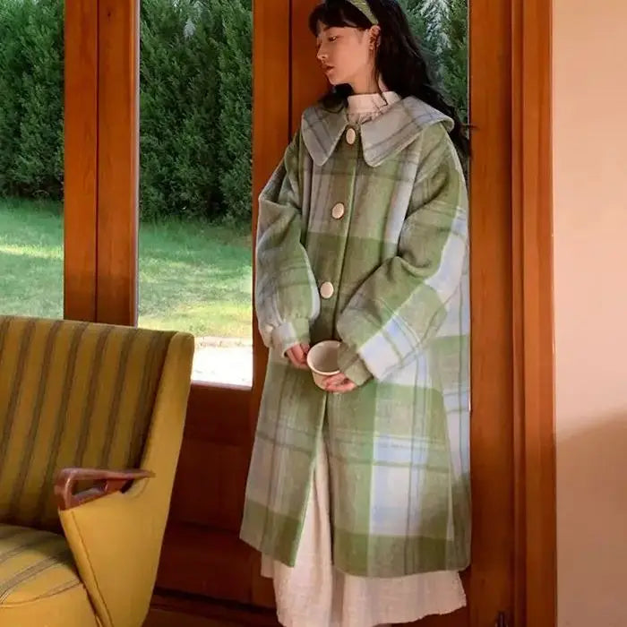 Woolen Coat Loose Fit Plaid Green Button Design Doll Collar Big Size Long New Long Sleeve Women Fashion Tide Autumn Winter