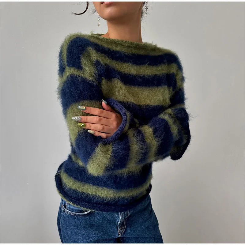 Striped Sweater Women Contrast Color Knitted O-neck Long Sleeve Loose Chic Pullover Female Winter New Top Pollover