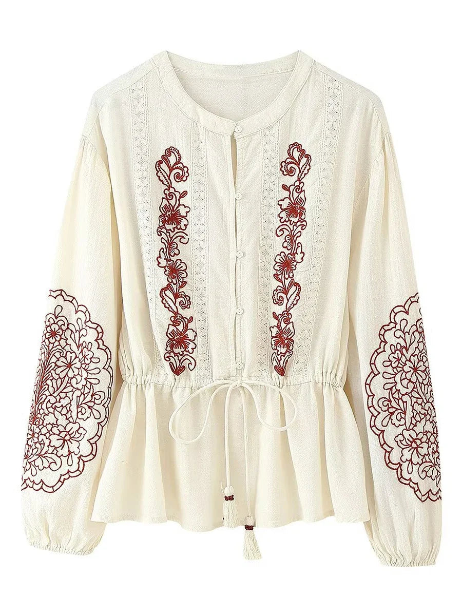 Solid Hollow Out Embroidery Blouse Women Spring Lace Trim O Neck Drawstring Blouses Elegant Casual Fashion Long Sleeve Shirt Top