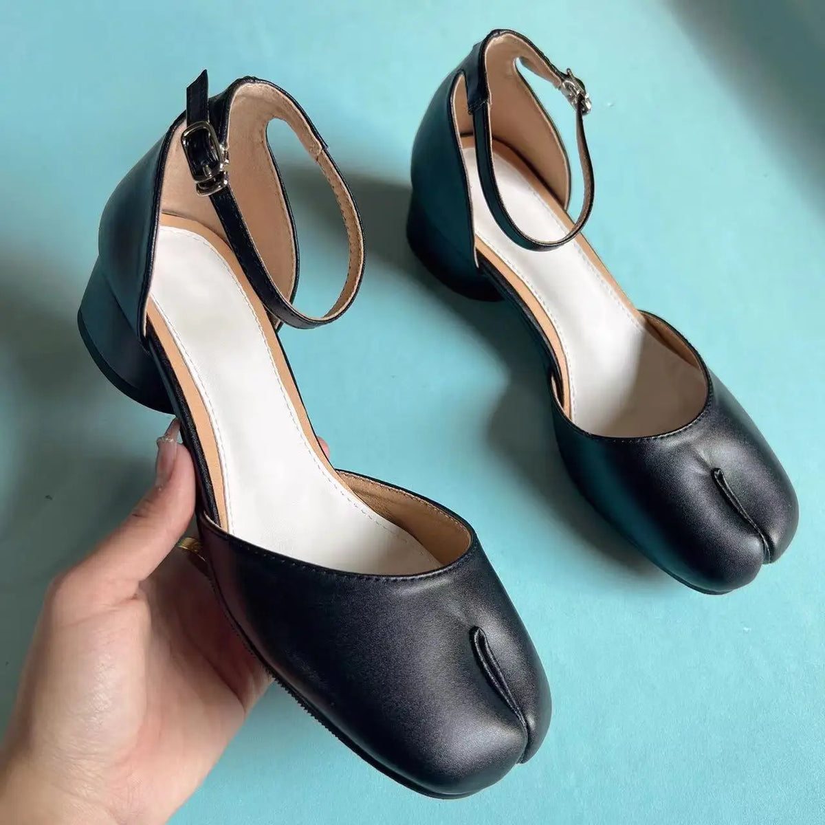 New Purple Women Tabi Shoes Split Toe Female Chunky High Heel Pumps Ankle Wrap Designer Summer Sandals Mary Janes Big Size
