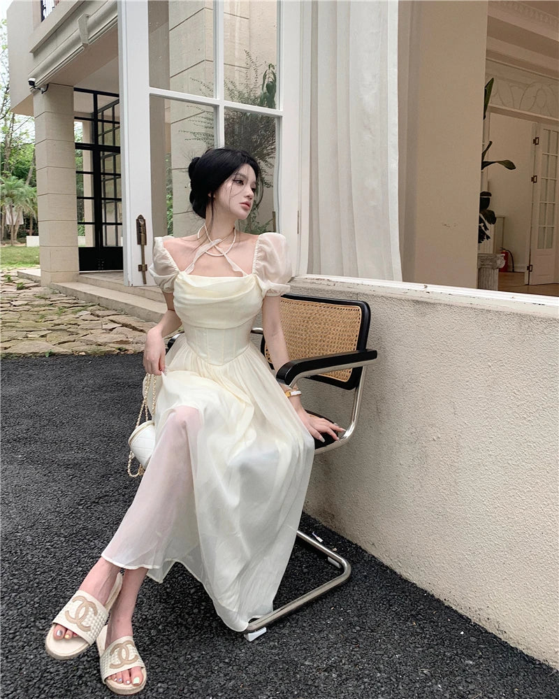 Summer Women Halter Midi Dress Elegant Female Chiffon Square Neck Party One Pieces Dresses French Solid New Vestidos Robe