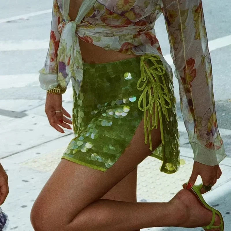 Fashion Sequin Mini Skirt Women High Waist Side Split Lace Up A-line Skrits Female 2025 Spring Summer Chic Glitter Lady Skirts
