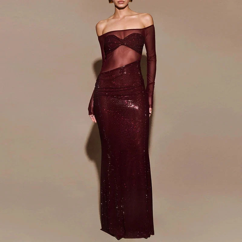Sexy Sheer Mesh Patchwork Sequin Banquet Evening Dresses Women Spring Slash Neck Slim Long Dress Autumn Backless Hollow Vestidos