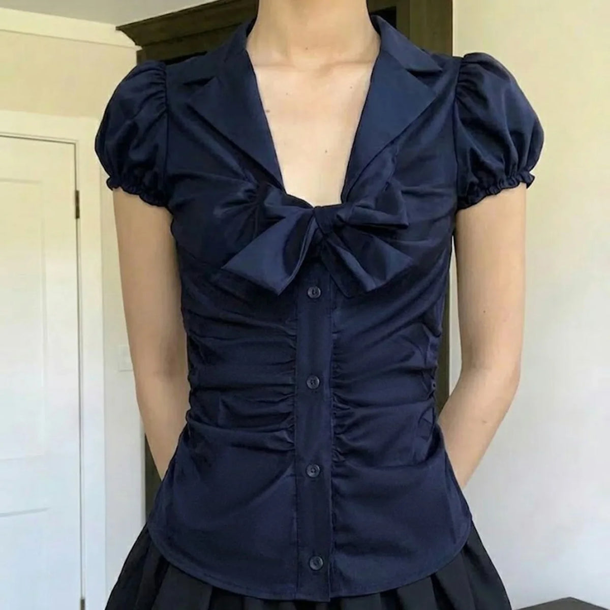 Temperament Preppy Style Bow V Neck Puff Short Sleeve Women's Blouse Y2k Aesthetic Harajuku Pleated Casual Shirts Spice Clothes