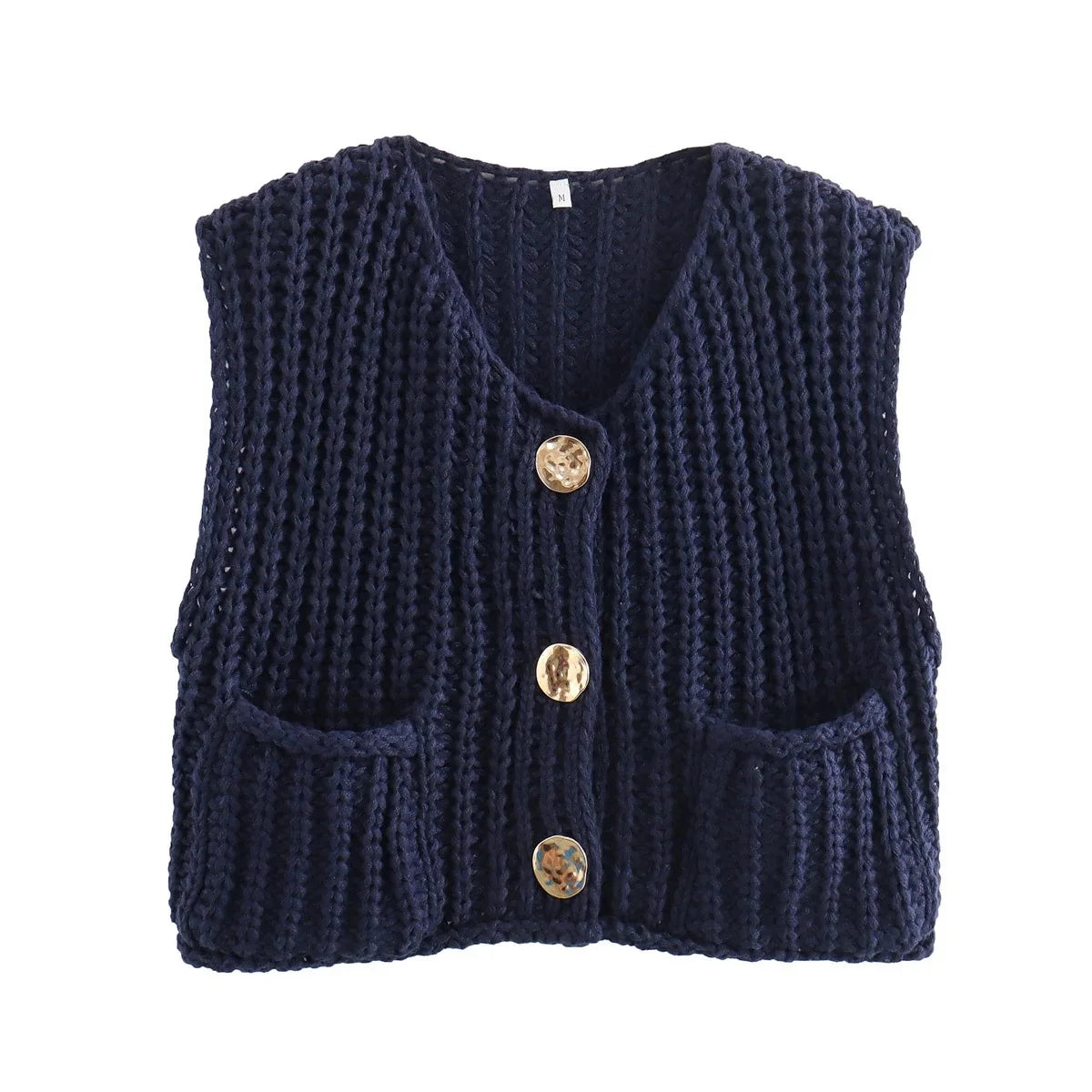 Fashion Sleeveless Knitted Cardigan Vests For Women Autumn New Short Sweater Button With Pockets Solid Color Knitted Top