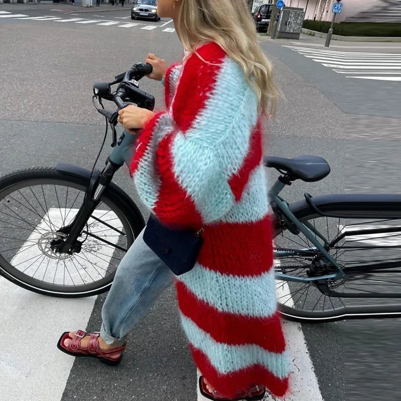 Women Causal Long Sleeve Sweater Jacket Elegant Colorblocked Striped Loose Long Coat Fall Winter Fashion Comfortable Outerwears