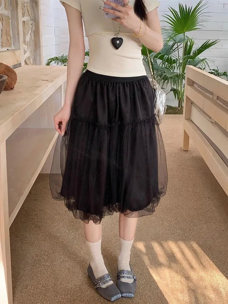 Elegant Solid A-line Splice Mesh Skirts for Women 2025 Fashion Korean Fashion Elastic Waist Black Tulle Saia Feminina