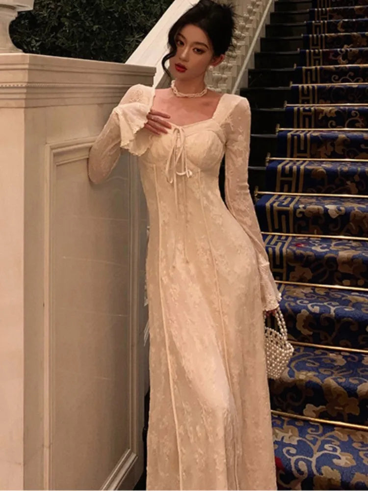 Women's Solid Midi Dress Flare Sleeves Square Collar A-Line Lace Up Autumn Spring French Elegant Vintage Prom Robe Vestidos New