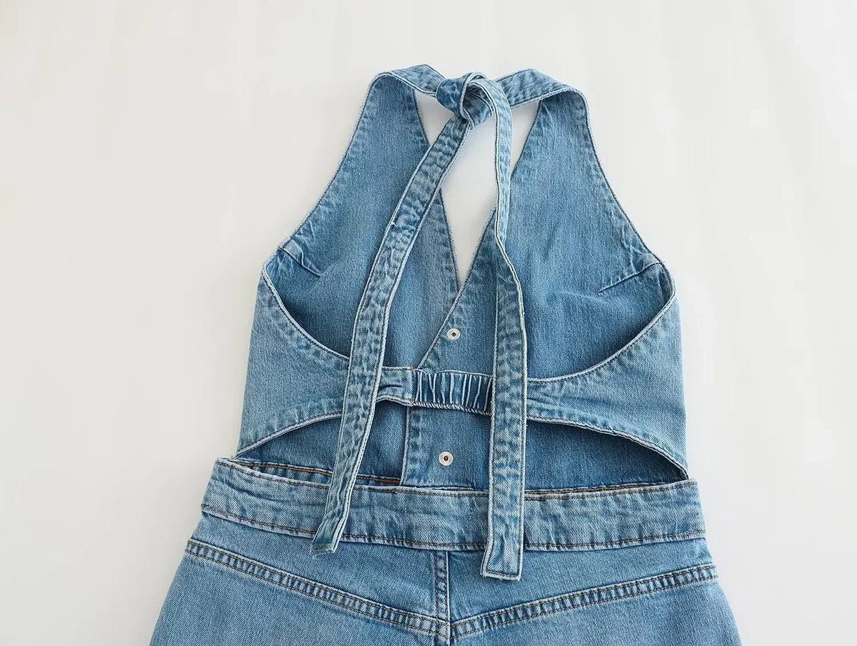 Sexy Backless Sleeveless Deep V Neck Jump Suits for Women Jumpsuit Vintage Cotton Denim Long Overall Jumpsuits Summer