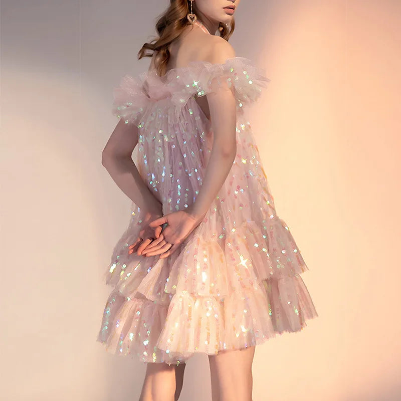 Sequin Decorated One line Neck Mesh Fluffy Halter Dress for Women's Summer New Fashion Sweet Layered A-line Fairy Dresses