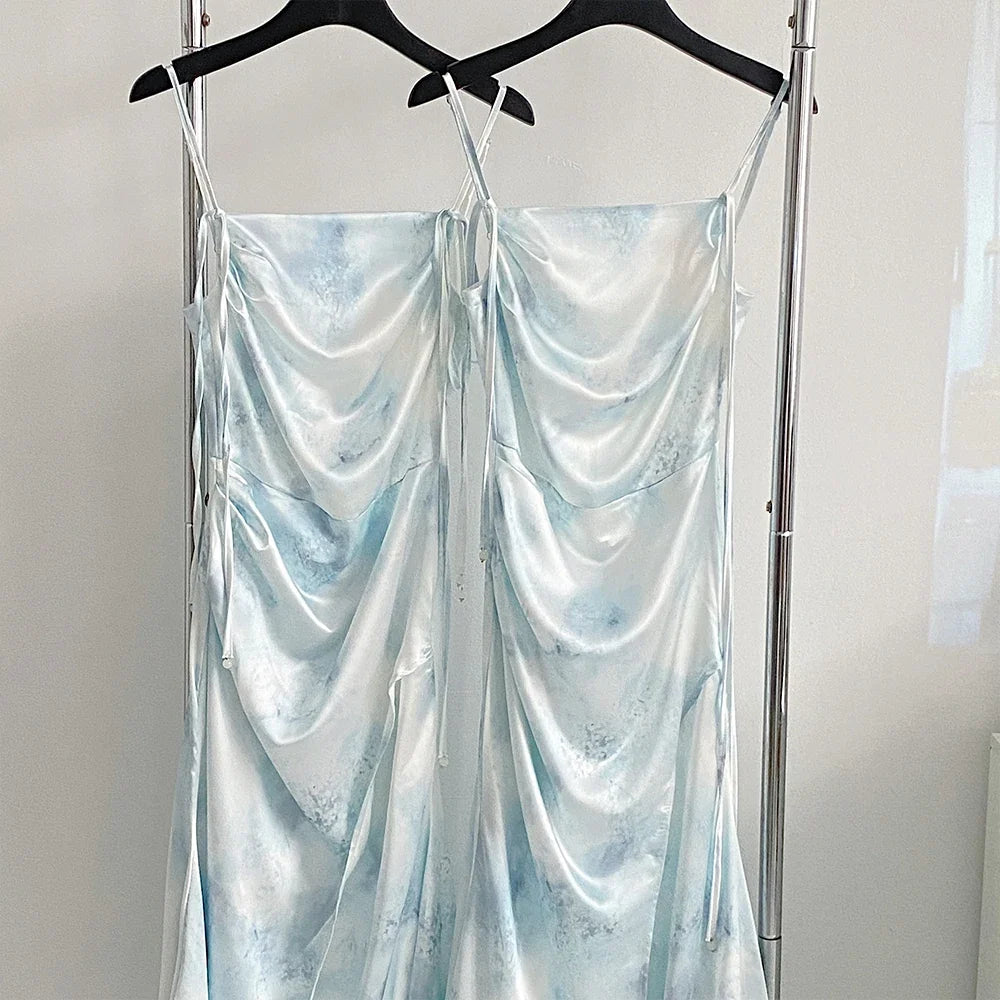 New Chinese Blue Satin Printed Fishtail Vinage Dress for Women Summer Elegance High end Slimming Wrap Hip Long Suspender Dress
