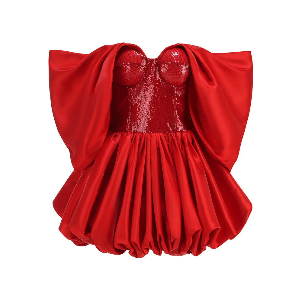 Sequin Corset Bodice Off-Shoulder Puff Sleeve Bubble Skirt Mini Dress