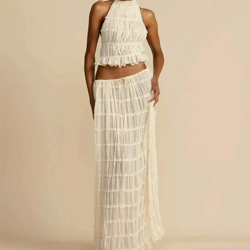 Halter Ruffled Neck Tiered Pleated Crinkle Crop Top and Maxi Skirt Set