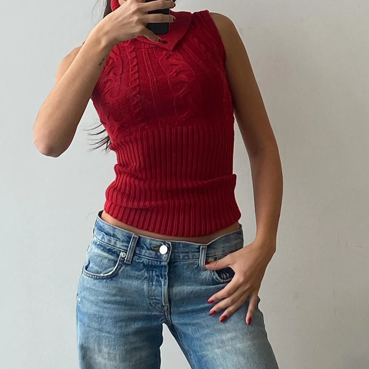 Twist Patchwork Knit Sweater Pullover Vest Female Solid Ribbed Sleeveless Hollow Out Cropped Y2k Top Knitwear Tank Top