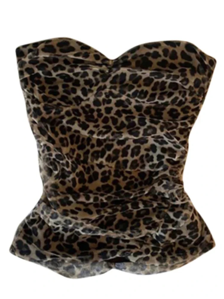 Leopard Print Strapless Tube Top For Women Sexy Slim Off Shoulder Tops Summer Sexy Sleeveless Vintage Lady Y2k Streetwear
