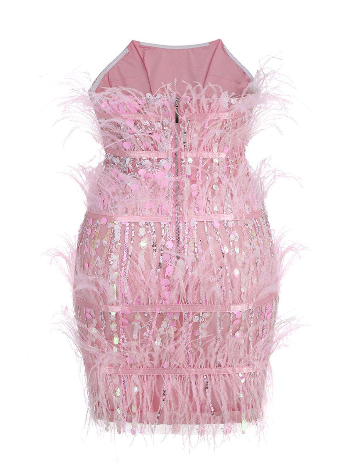 Strapless Tiered Feather Sequin Bodycon Mini Dress