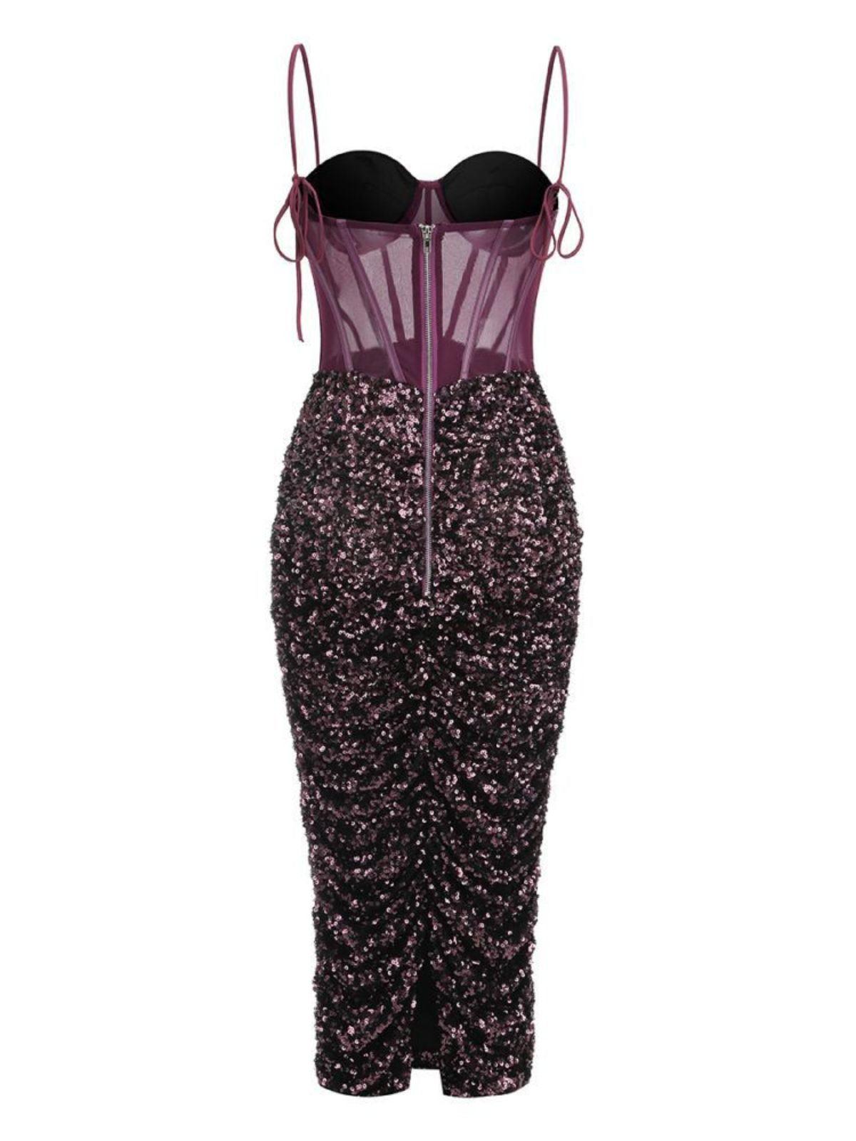 Sweetheart Sequin Corset Mesh Midi Dress