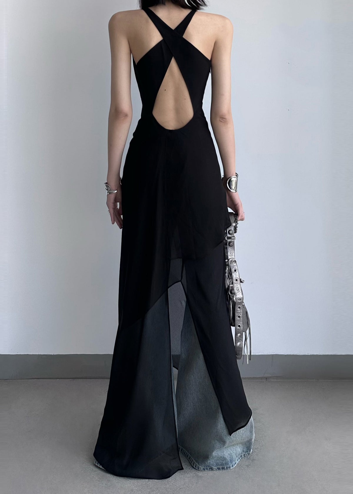 Halter Mesh Cutout Layered Sheer Slit Maxi Dress