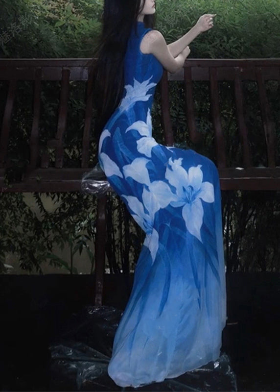 Mock Neck Sleeveless Lily Print Bodycon Maxi Dress