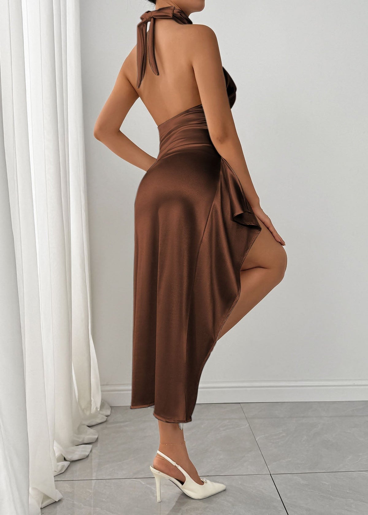 Halter Cowl Neck Ruched Gathered High-Slit Satin Floor-Length Gown