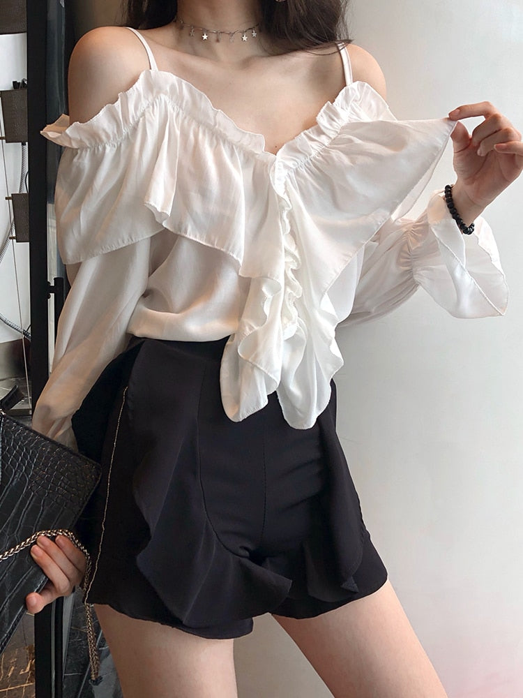Casual Loose Spaghetti Strap Flare Sleeve Ruffles Tops