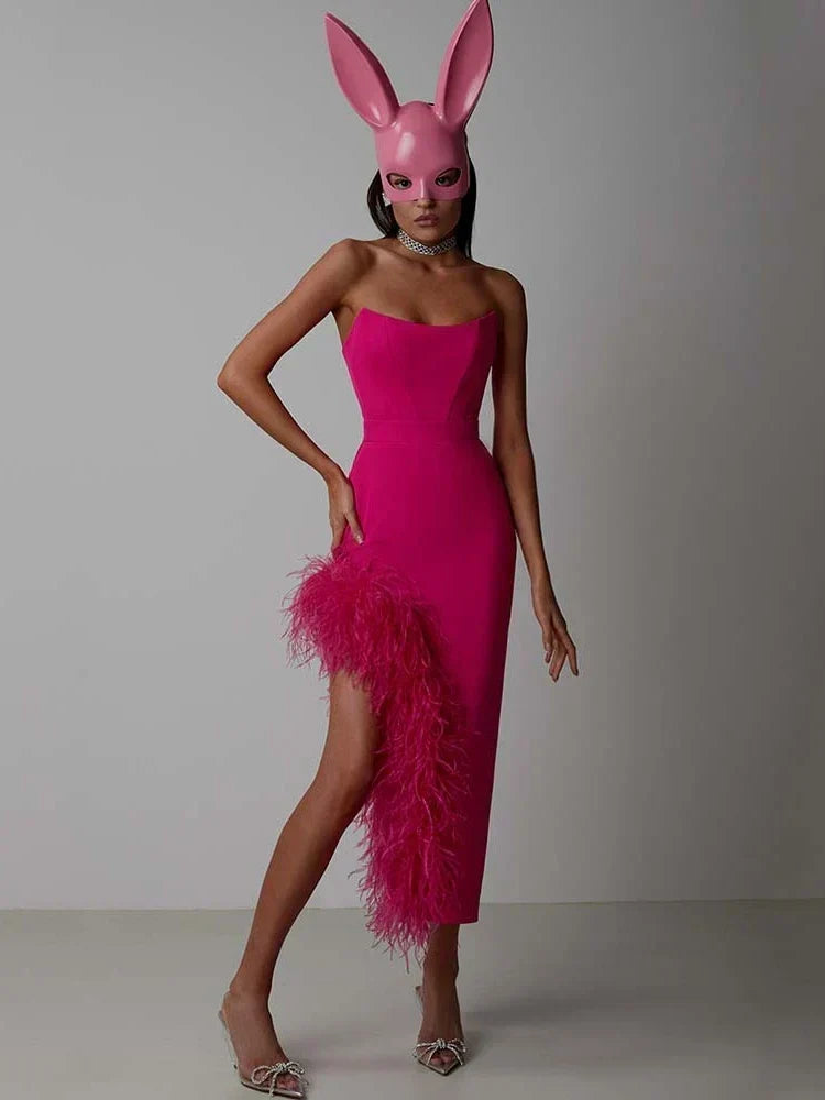 Sexy Strapless Feathers Midi Bandage Black White Backless Party Dress