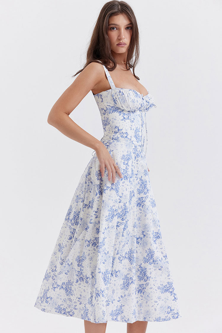 Sweetheart Strap Bustier Floral Fit Flare Midi Dress